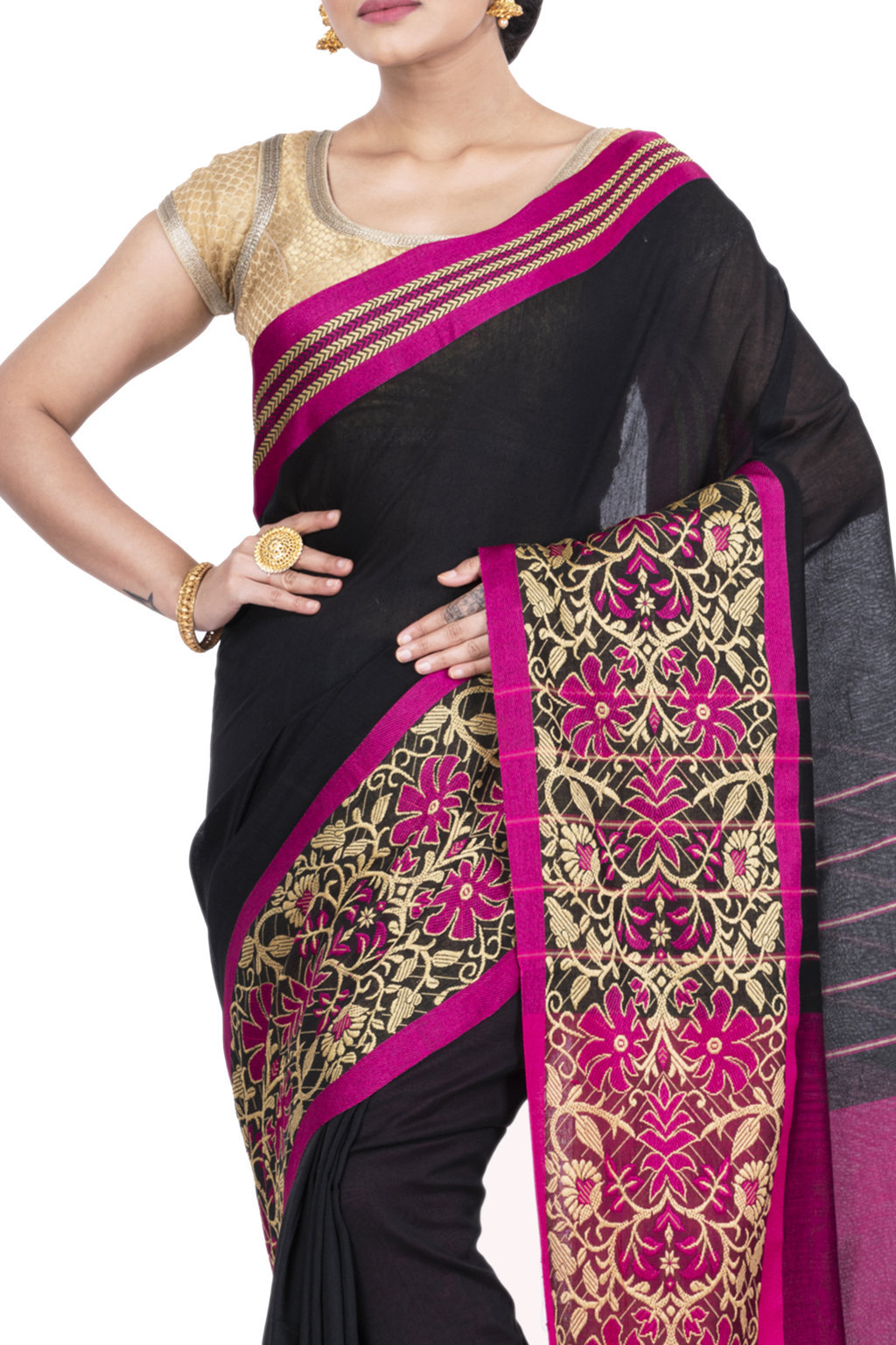 Black Pure Cotton Begompuri_Hand Hand Loom Saree (671)